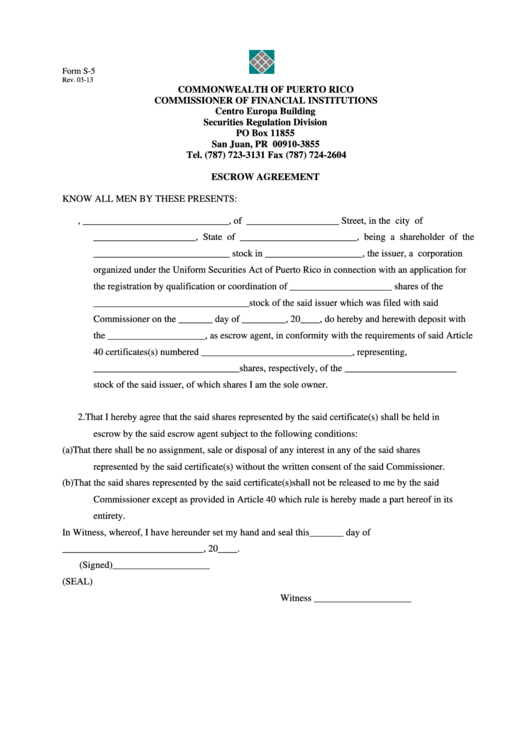 Fillable Form S-5 - Escrow Agreement - 2013 Printable pdf
