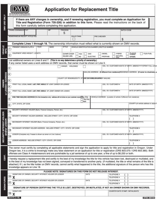 Form 735-515 - Application For Replacement Title Printable pdf