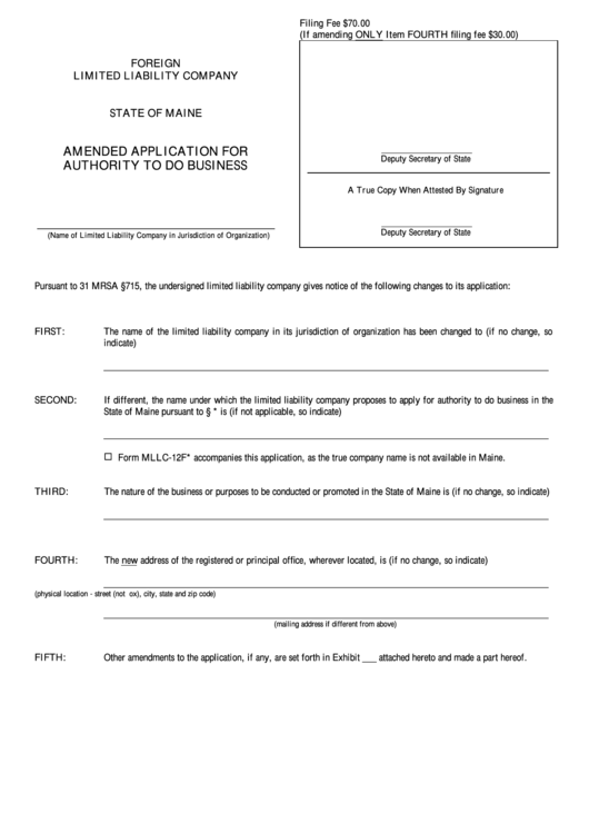 Fillable Form Mllc-12a - Amended Application For Authority To Do Business - Maine Foreign Limited Liability Company Printable pdf