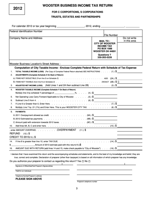 Business Income Tax Return - City Of Wooster, Ohio- 2012 Printable pdf