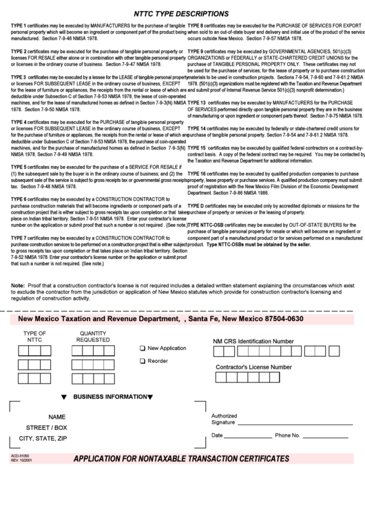 Form Acd-31050 - Application For Nontaxable Transaction Certificates - 2001 Printable pdf