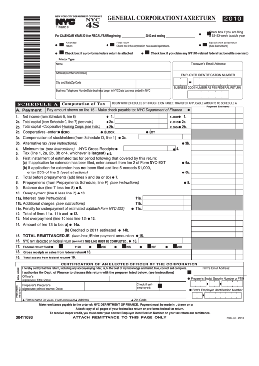 Fillable Form Nyc-4s - General Corporation Tax Return - 2010 Printable pdf