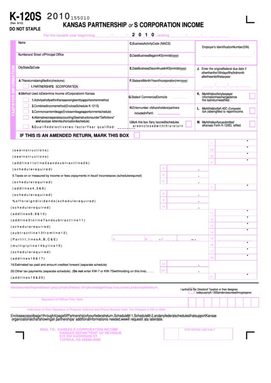Form K-120s - Kansas Partnership Or S Corporation Income Return - 2010 Printable pdf