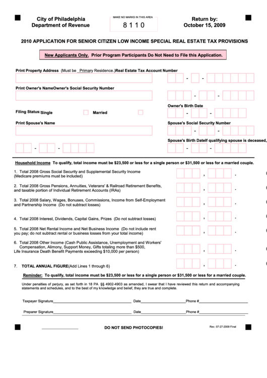 Application For Senior Citizen Low Income Special Real Estate Tax Provisions - City Of Philadelphia - 2010 Printable pdf