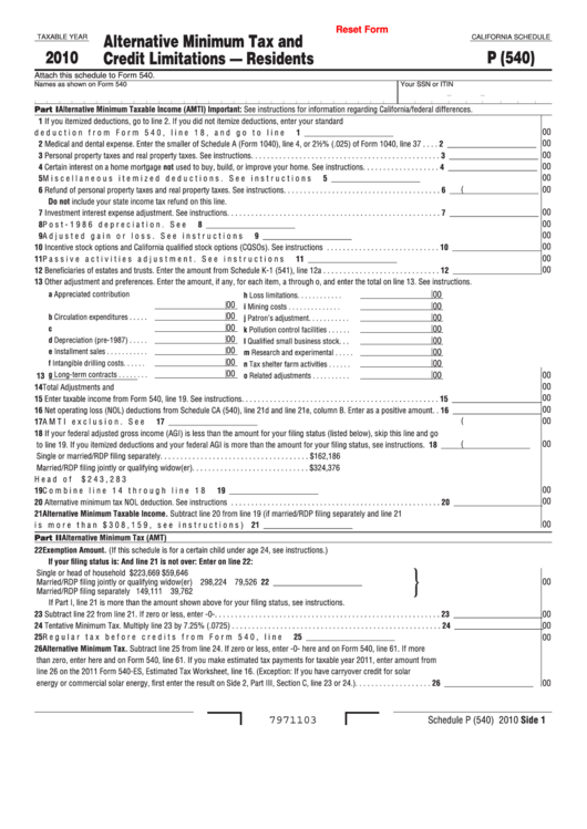 Fillable California Schedule P (540) - Attach To Form 540 - Alternative ...