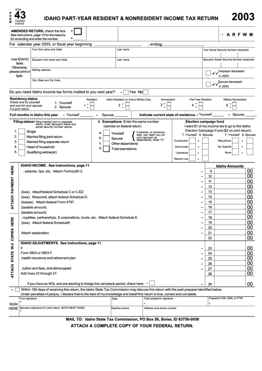 Fillable Form 43 - Idaho Part-Year Resident & Nonresident Income Tax Return - 2003 Printable pdf