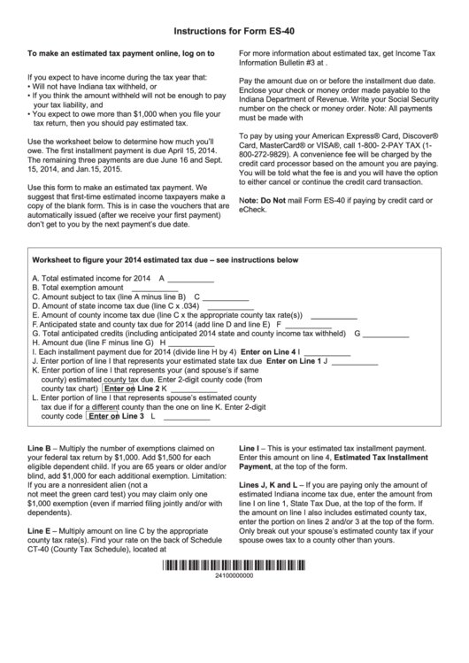 Instructions For Form Es-40 - Estimated Tax Payment Form - 2014 Printable pdf