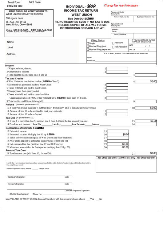 Fillable Form Fr 1172 - Individual Income Tax Return - Village Of West Union - 2012 Printable pdf