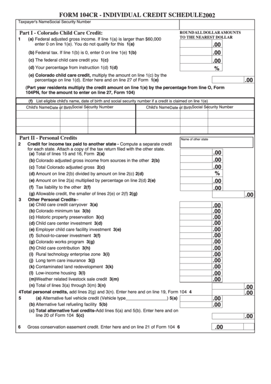 Form 104cr - Individual Credit Schedule - Colorado Child Care Credit - 2002 Printable pdf