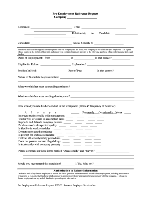 Pre-Employment Reference Request - Sunwest Employer Services Printable pdf