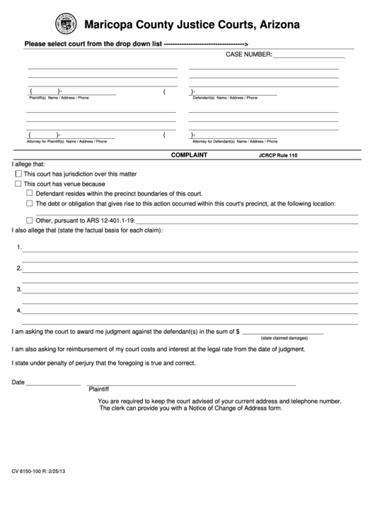 Fillable Form Cv 8150-100 - Complaint - Maricopa County Justice Courts, Arizona Printable pdf