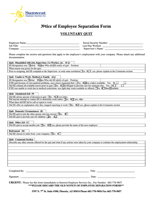Fillable Notice Of Employee Separation Form - Voluntary Quit Printable pdf