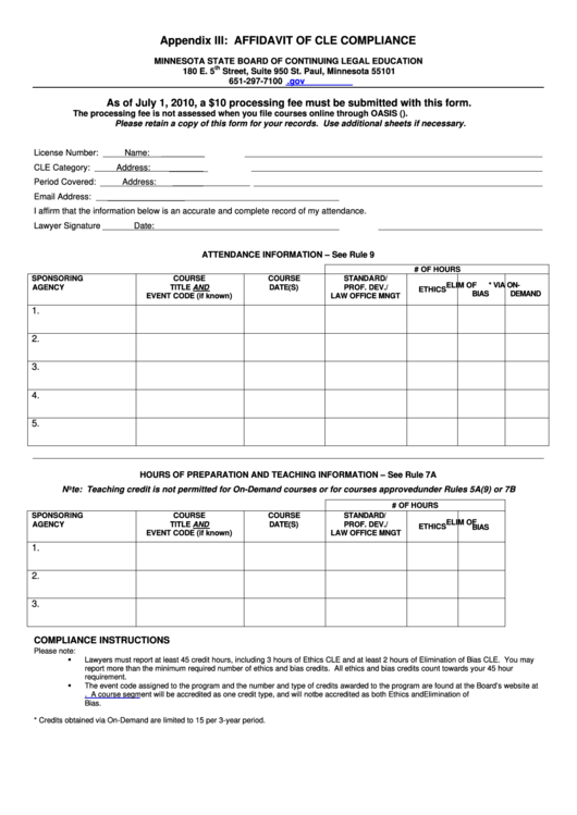 Fillable Appendix Iii - Affidavit Of Cle Compliance - Minnesota State ...