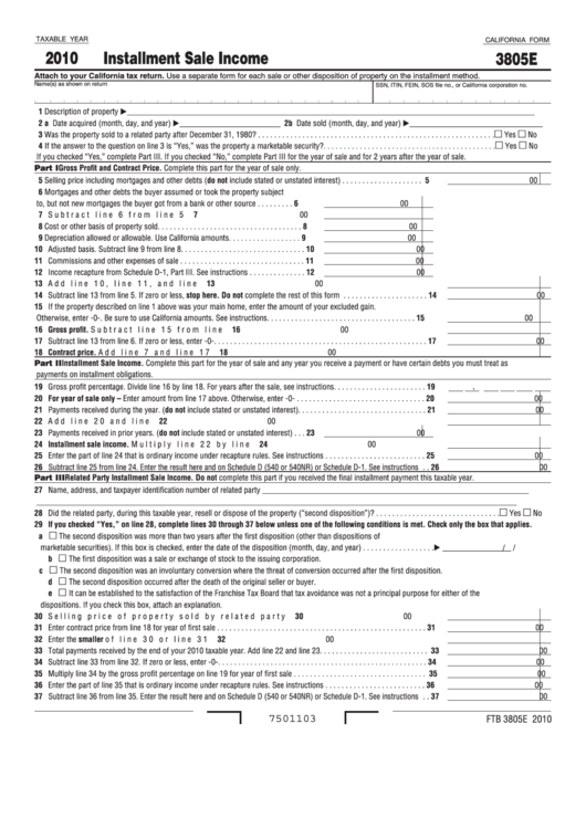 Fillable California Form 3805e - Installment Sale Income - 2010 Printable pdf