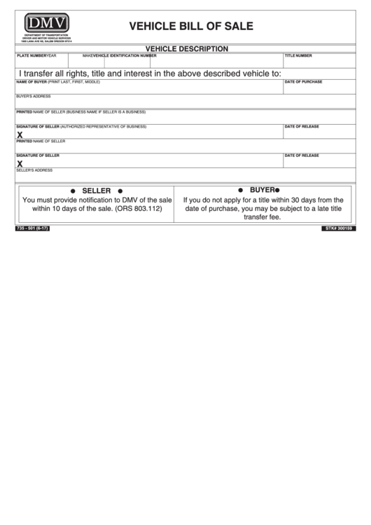 Fillable Form Stk# 300159 - Vehicle Bill Of Sale - Oregon Department Of Transportation Printable pdf