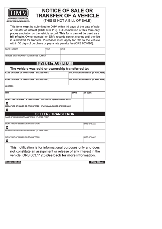 Form Stk # 300440 - Notice Of Sale Or Transfer Of A Vehicle - Oregon Department Of Transportation Printable pdf