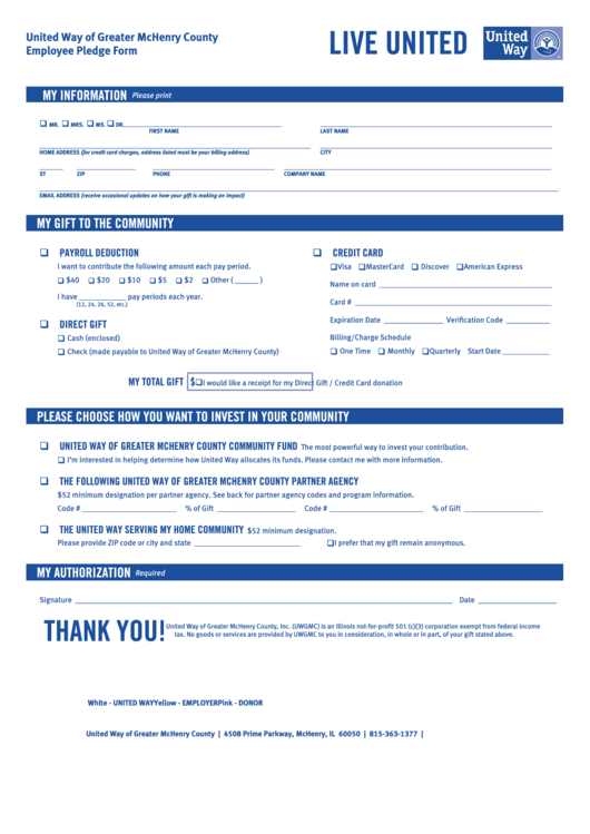 Fillable Employee Pledge Form - United Way Printable pdf