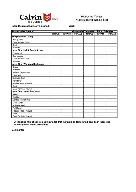 Housekeeping Weekly Log Printable pdf