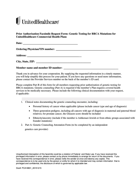 Fillable United Healthcare Prior Authorization Facsimile Request Form - Genetic Testing For Brca Mutations Printable pdf