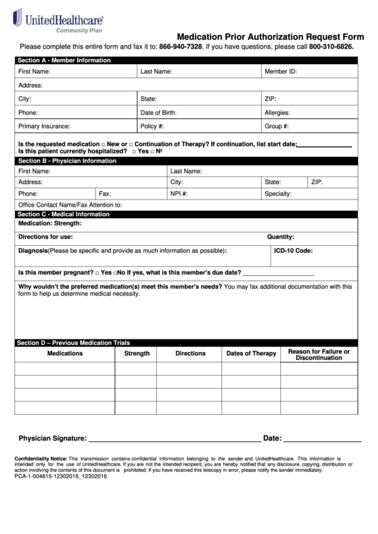 Medication Prior Authorization Request Form United Healthcare Printable Pdf Download 5424