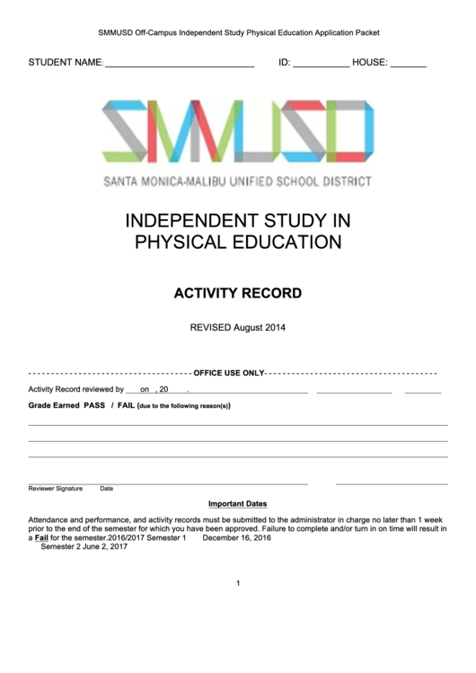 Fillable Independent Study In Physical Education - Activity Record Printable pdf