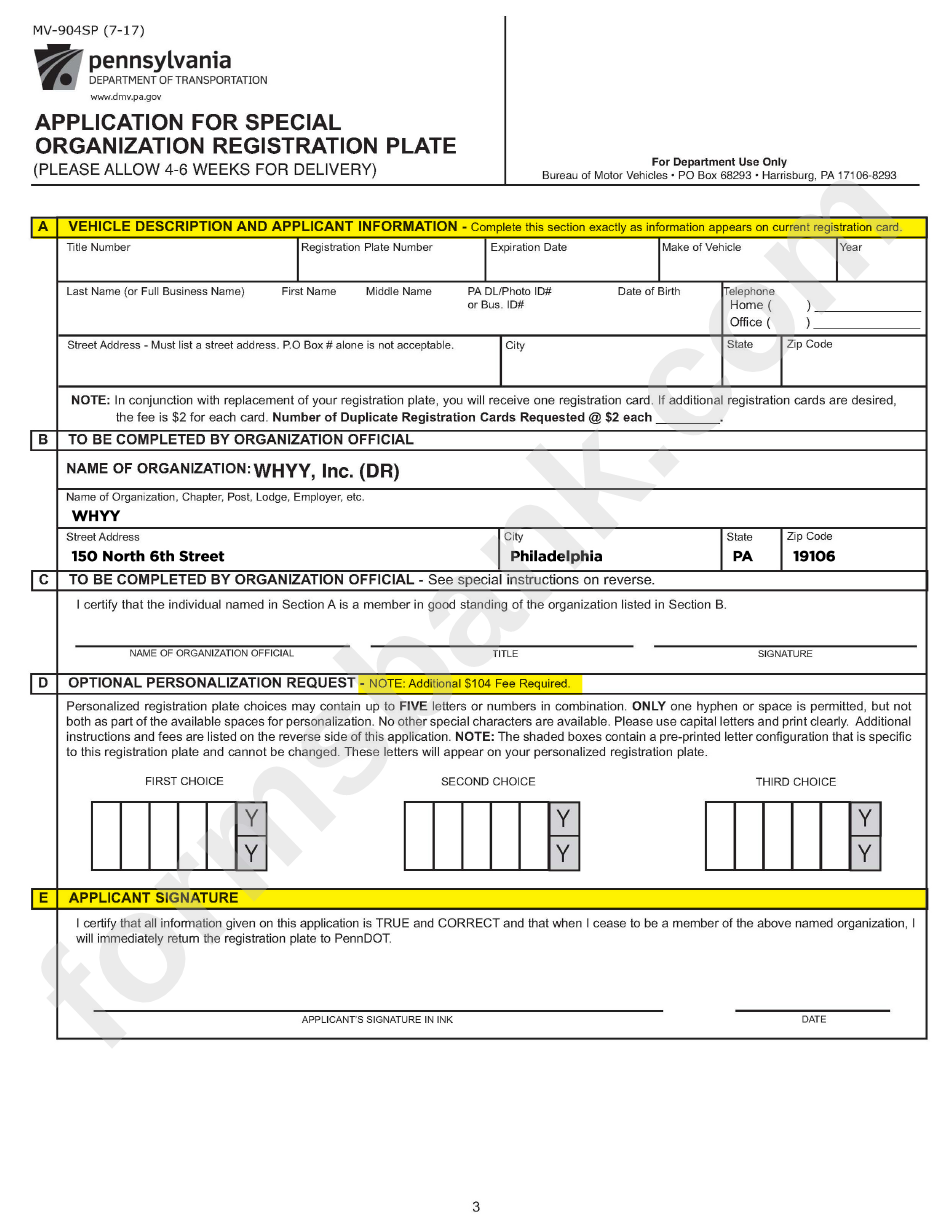 Form Mv-904sp - Application For Special Organization Registration Plate - Pennsylvania Department Of Transportation