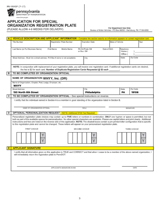 Fillable Form Mv-904sp - Application For Special Organization Registration Plate - Pennsylvania Department Of Transportation Printable pdf