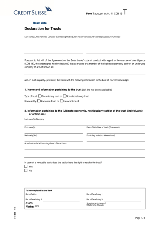 Fillable Credit Suisse Declaration For Trusts Form Printable pdf