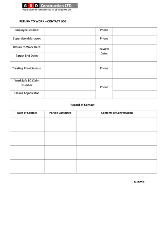 Fillable Return To Work - Contact Log Printable pdf