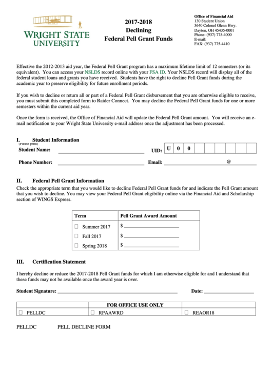 Fillable Declining Federal Pell Grant Funds Printable pdf