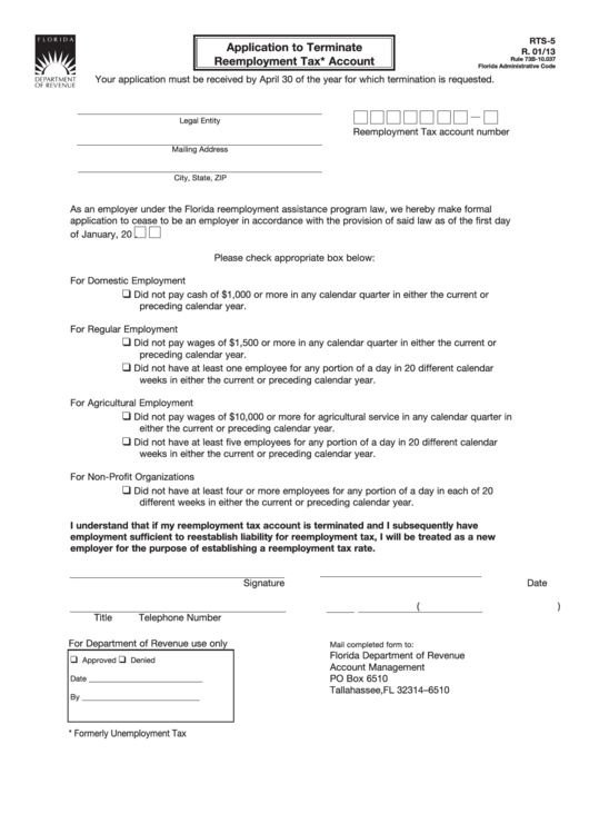 Form Rts-5 - Application To Terminate Reemployment Tax* Account - Florida Department Of Revenue Printable pdf