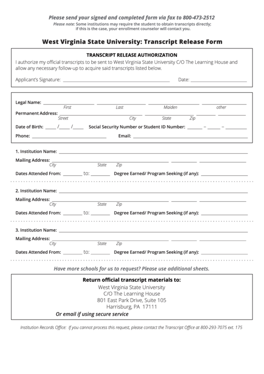 West Virginia State University - Transcript Release Form Printable pdf