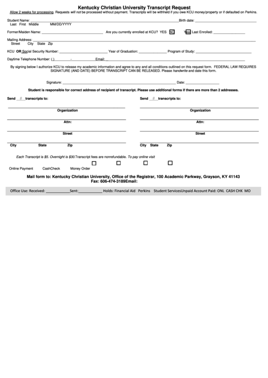 University Transcript Request - Kentucky Christian University Printable pdf