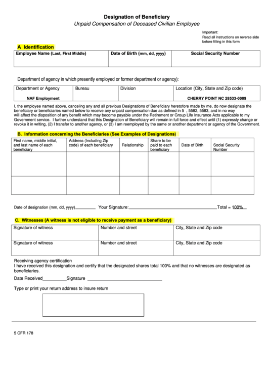 Fillable Standard Form 1152 - Designation Of Beneficiary - Unpaid Compensation Of Deceased Civilian Employee Printable pdf