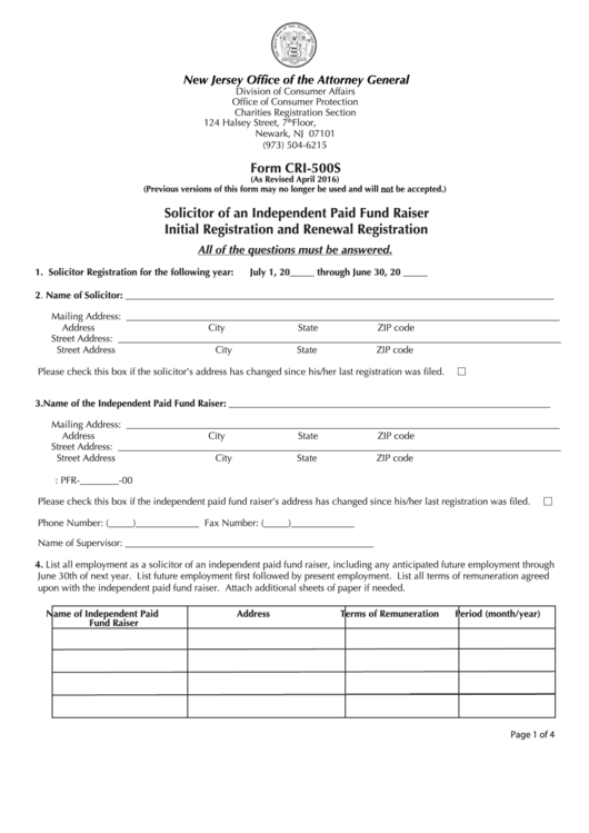 Form Cri-500s - Solicitor Of An Independent Paid Fund Raiser - Initial Registration And Renewal Registration