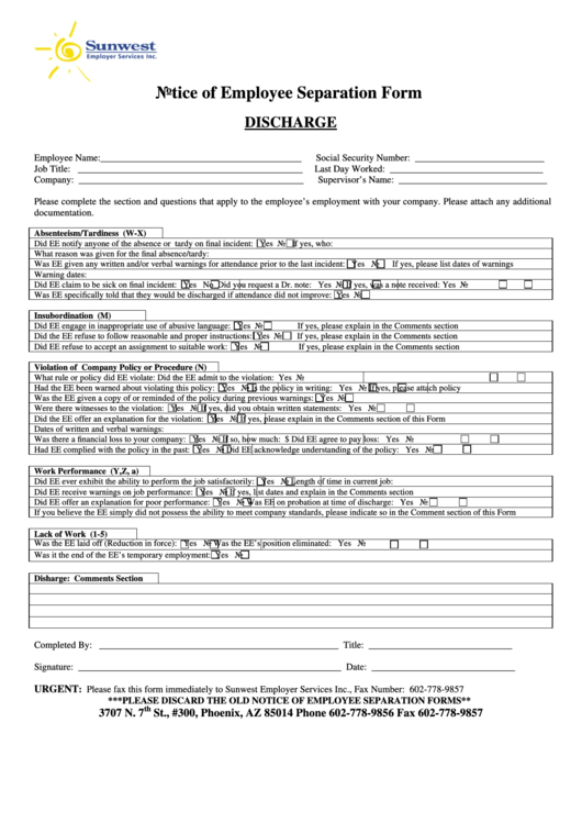 Fillable Notice Of Employee Separation Form Discharge Printable pdf