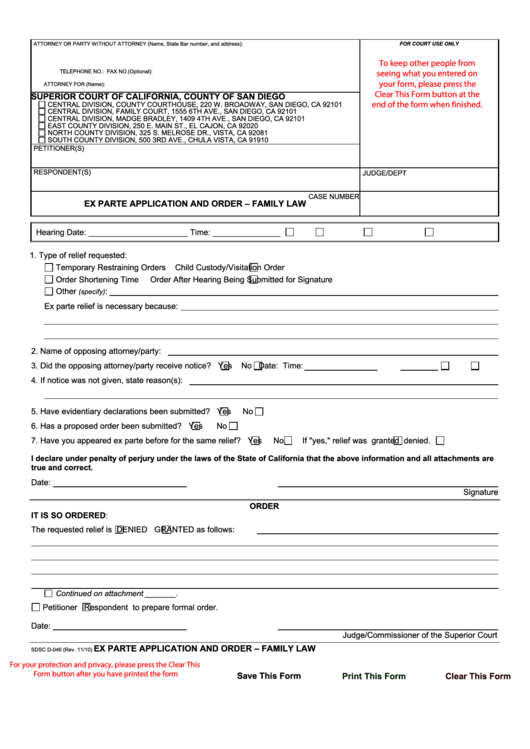 Form Sdsc D-046 - Ex Parte Application And Order - Family Law - Superior Court Of California, County Of San Diego