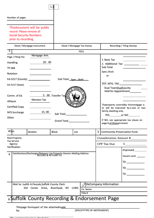 Fillable Suffolk County Recording & Endorsement Page Printable pdf