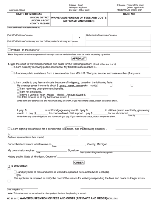 Form Mc 20 - Waiver/suspension Of Fees And Costs (affidavit And Order)