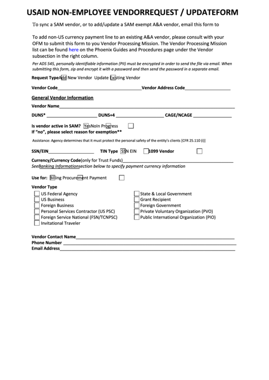 Fillable Usaid Non-Employee Vendor Request / Update Form Printable pdf