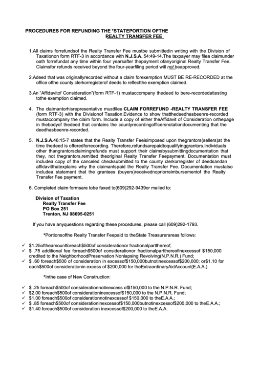 Instructions For Form Rtf-3 - Procedures For Refunding The *state Portion Of The Realty Transfer Fee Printable pdf