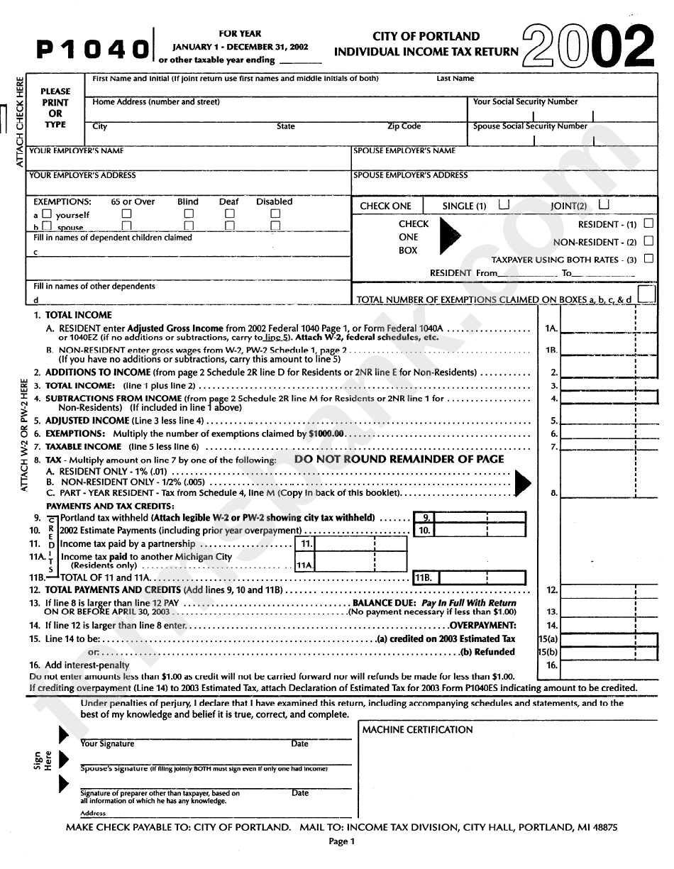 Form P1040 - City Of Portland Individual Income Tax Return - 2002