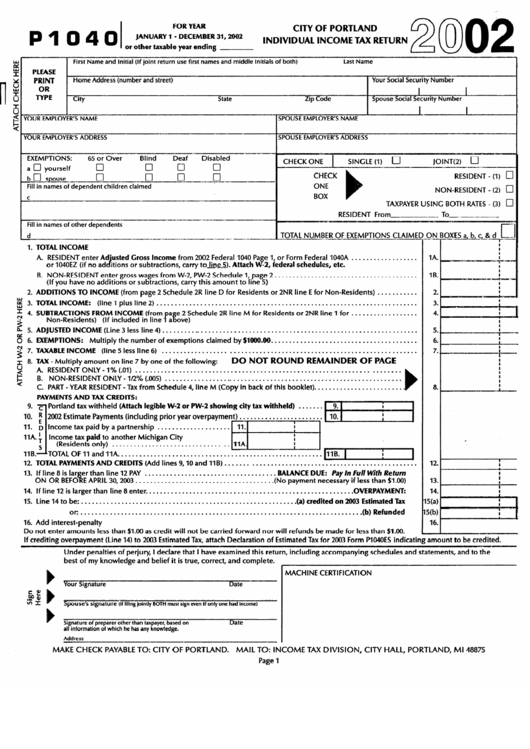 Fillable Form P1040 - City Of Portland Individual Income Tax Return - 2002 Printable pdf