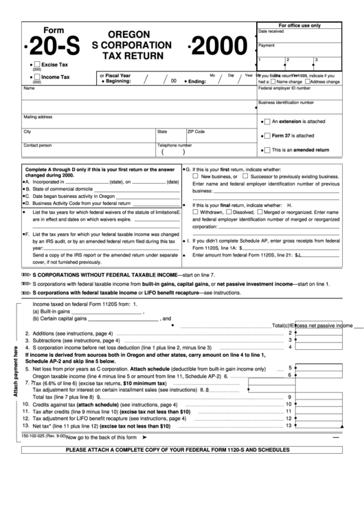 Form 20-S - Oregon S Corporation Tax Return - 2000 Printable pdf