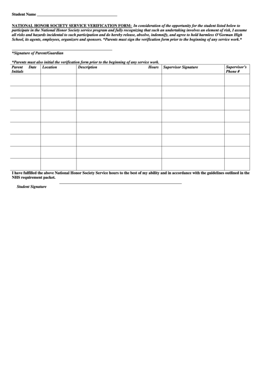 National Honor Society Service Verification Form Printable pdf
