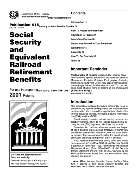 Publication 915 - Social Security And Equivalent Railroad Retirement Benefits - Internal Revenue Service - 2001 Printable pdf