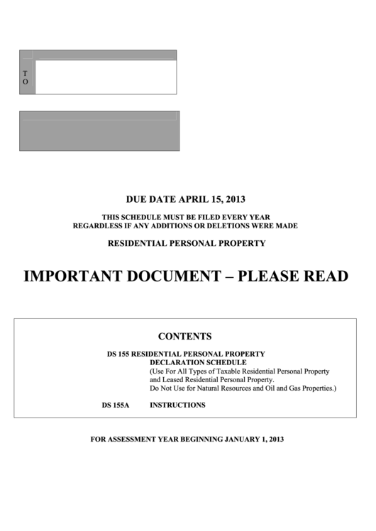 Fillable Form Ds 155a-61-12 - Residential Personal Property Declaration Schedule - 2013 Printable pdf
