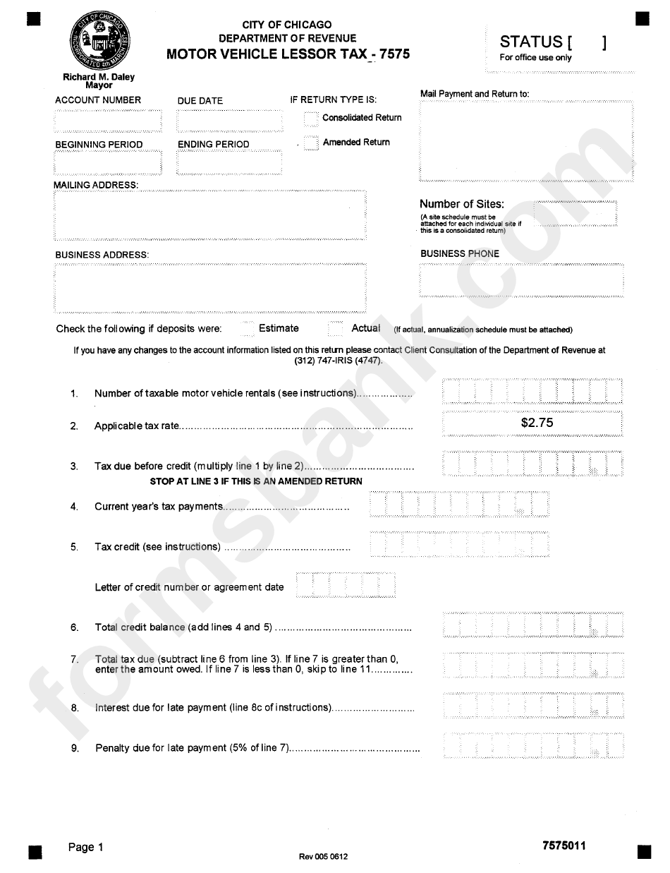 Form 7575 - City Of Chicago Motor Vehicle Lessor Tax