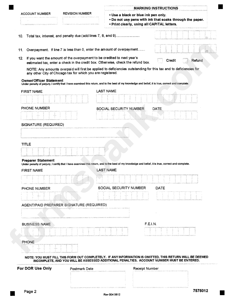 Form 7575 - City Of Chicago Motor Vehicle Lessor Tax