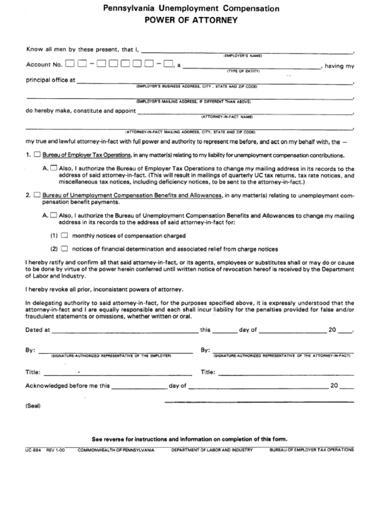 Form Uc-884 - Pennsylvania Unemployment Compensation - Power Of Attorney Printable pdf